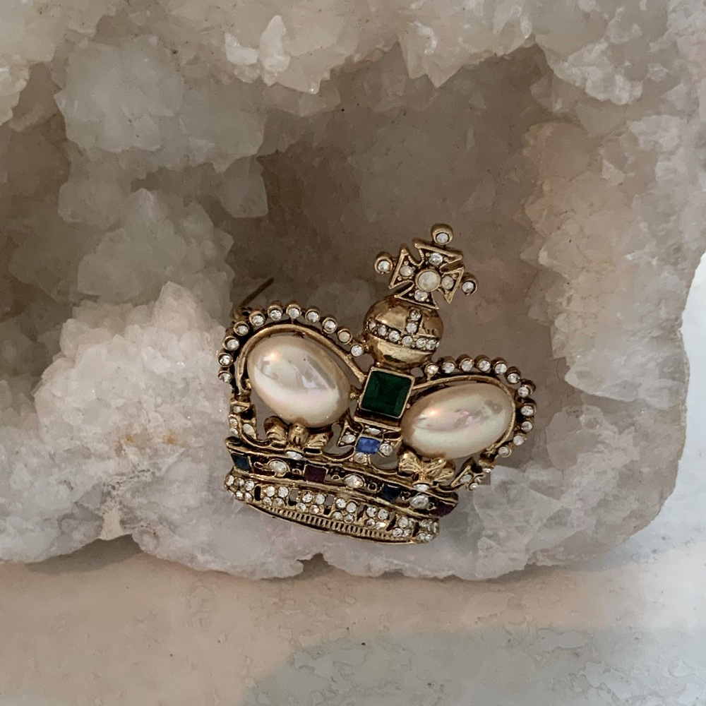 Carucci Vtg Crown Brooch/Rhinestone, Pearls /Colored Glass Gem NWOT